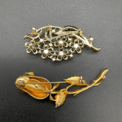 Vintage Lisner Gold Tone Floral & Rose Brooch Lot of 2 AB Rhinestones