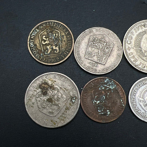 Vintage Coin Lot Yugoslavia & Czechoslovakia 8 Pieces 1960s-70s Glue Residue