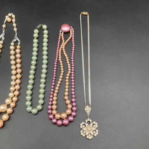 Vintage Faux Pearl Costume Jewelry Lot 4 Necklaces Rhinestone Multi-Strand