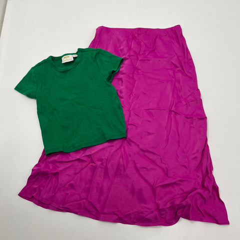 Anthropologie Maeve Green Ribbed T-Shirt Magenta Skirt Set Women's Small