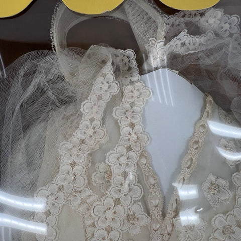 Vintage 70s Wedding Dress Ivory Lace Floral Beaded Bridal Gown Veil Boxed
