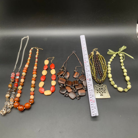 Boho Statement Jewelry Lot of 6 Necklaces Beaded Wood Metal Multi-Strand