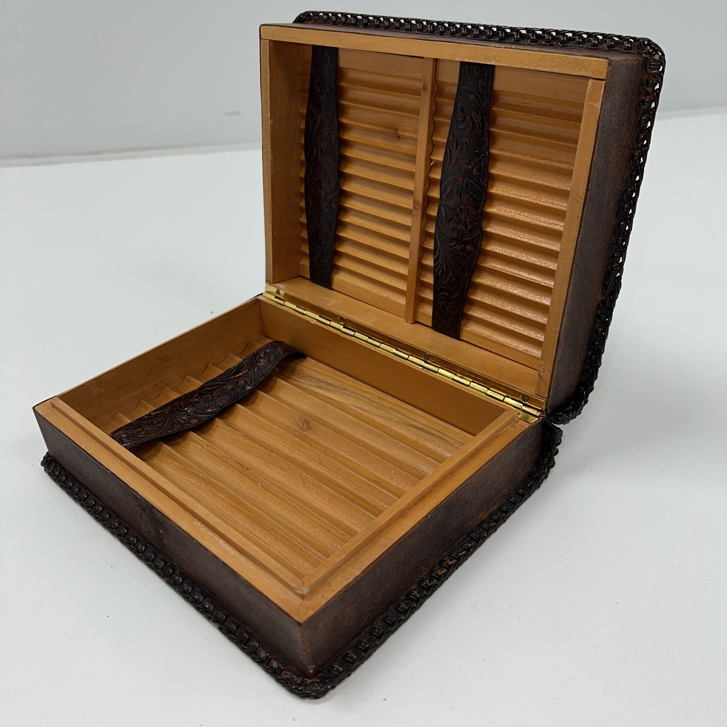 Handtooled Leather Cigar Box Hinged 8.5x7"