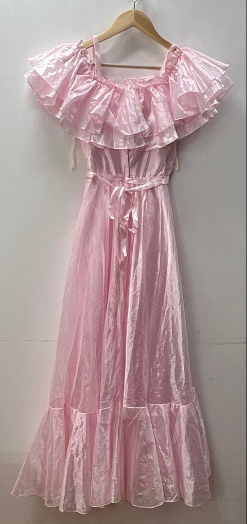 Vintage 80s JC Penney Women's Pink Ruffle Off Shoulder Formal Gown Dress Sz 7-8