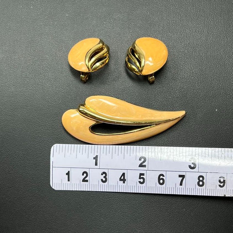 Monet Yellow Enamel Gold tone Brooch & Clip On Earrings Set
