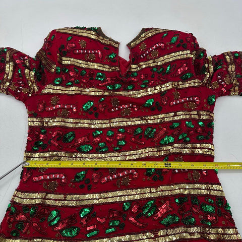 Vintage 90s Lawrence Kazar Beaded Silk Christmas Candy Cane Top Blouse Sz PS