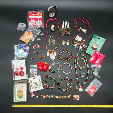 Vintage to Modern Christmas Costume Jewelry Lot 0.75 lbs Santa Snowman Bells