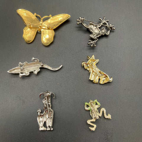 Vintage Costume Jewelry Lot 6 Animal Brooches Rhinestone Enamel Frog Butterfly
