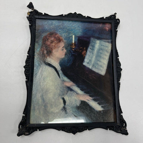 Vintage 60s Renoir Print Girls at Piano Ornate Black Distressed Frame Art