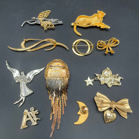 Vintage Costume Jewelry Brooch Lot of 11 Angels Celestial Cat Comet Bows