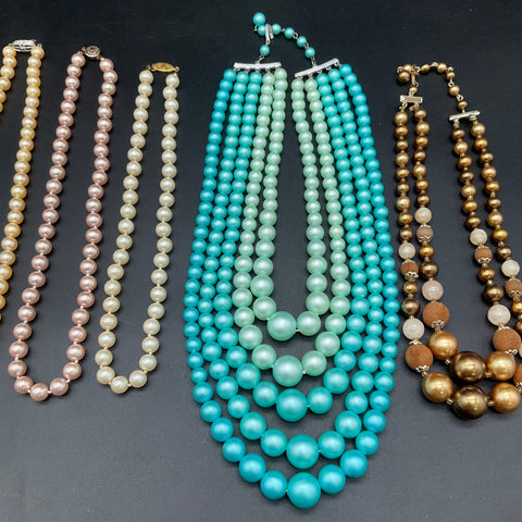 Vintage Style Faux Pearl & Beaded Costume Necklace Lot 5 Pieces Multi-Strand
