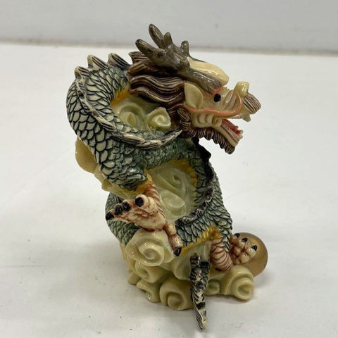 Vintage Chinese Dragon Statue Figurine Green Resin w/ Gold Pearl Asian Decor