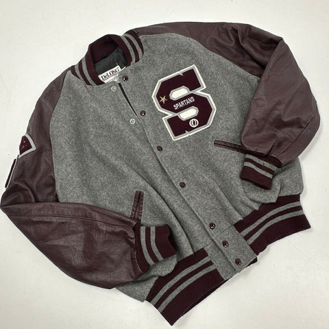 Vintage 90s DeLong Men's Varsity Letterman Jacket Grey Burgundy Spartans Sz XL