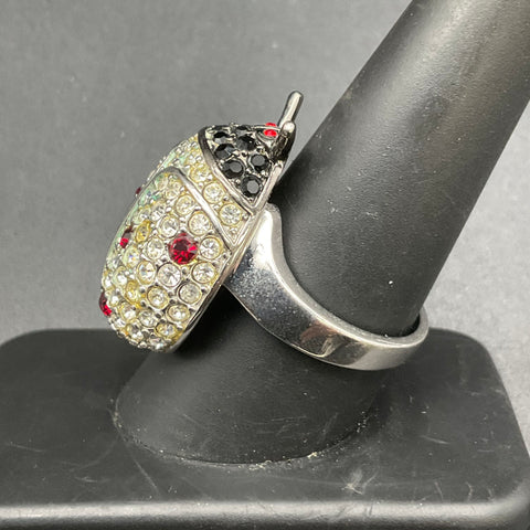 Vintage Silver Tone Ladybug Ring Rhinestone Figural Insect Jewelry Size 9.5