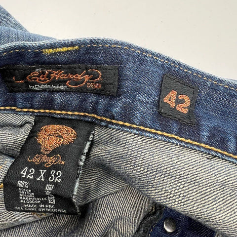 Ed Hardy Y2K Blue Distressed Relaxed Fit Button Fly Jeans Men's 42x32