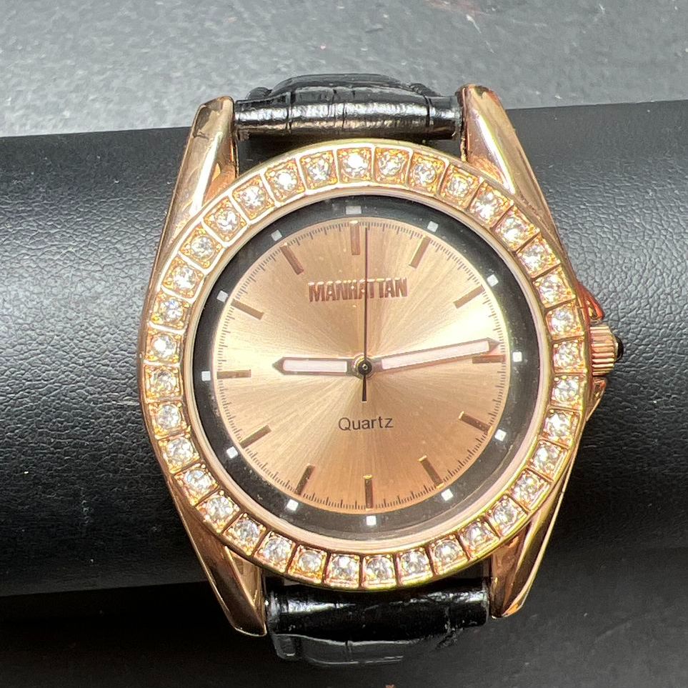 Manhattan by Croton CM404248 Rhinestone Black Leather Band Watch New Battery