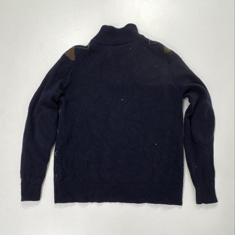 J. Crew Men's Navy Argyle 100% Lambswool Quarter Zip Sweater Elbow Patches Sz L