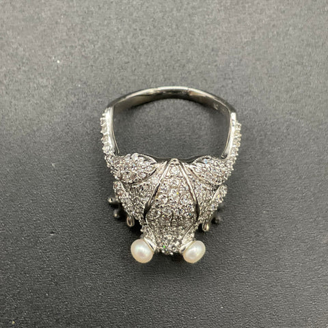 Vintage Silver Tone Crystal Pearl Eye Frog Statement Ring Size 8