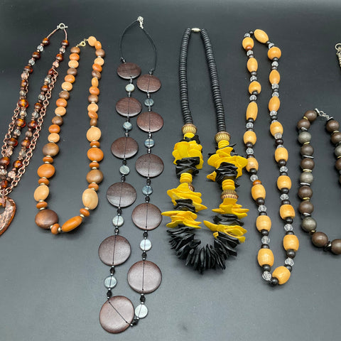 Boho Statement Wood Bead & Resin Necklace Lot of 7 Earthy Tribal Style Jewelry