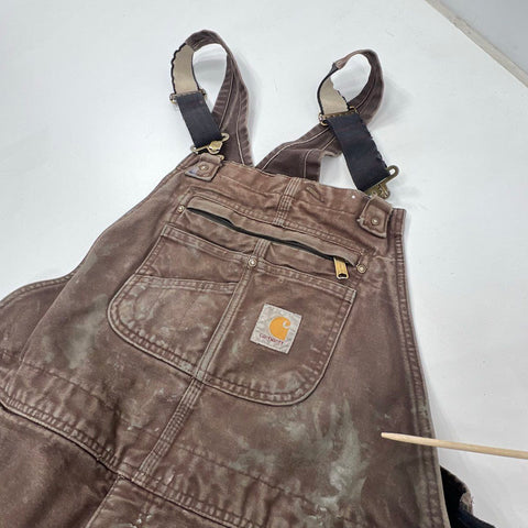 Carhartt Men's Brown Distressed Duck Canvas Insulated Bib Overalls Workwear XL