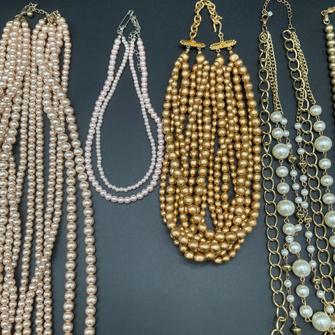 Vintage Faux Pearl Beaded Necklace Lot 10 Pieces Multi-Strand Statement Mix