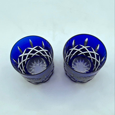 US Open Cobalt Blue Cut Glass Old Fashioned Rocks Glasses Pair Vintage