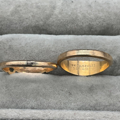 2 Vintage 10K Gold Filled Rings Size 4.75 & 6.25 Tapered Band Stone Lot