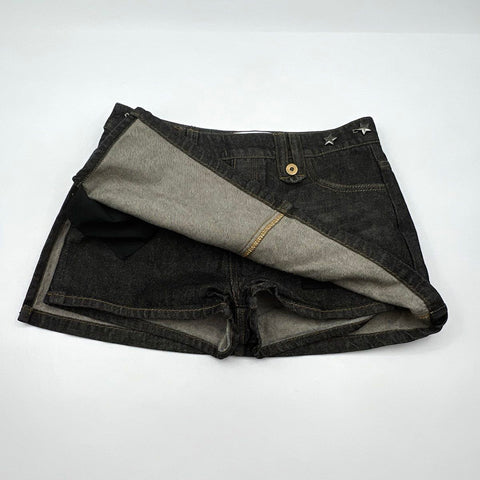 IFIK Women's Black Denim Skort Star Studs Faded Side Zip Y2K Style Size 13