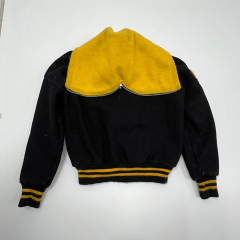 Vintage 80s Delong Wool Letterman Varsity Jacket Hooded Black Yellow '83 Sz 34