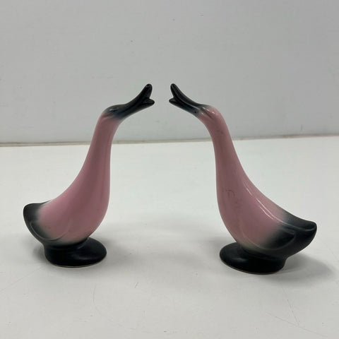 Vintage MCM Pink & Black Airbrush Ceramic Duck Goose Figurine Pair