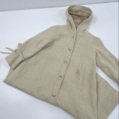Vintage 70s Cream Hooded Wool Princess Coat Plaid Lining Tie Cuff Sz M