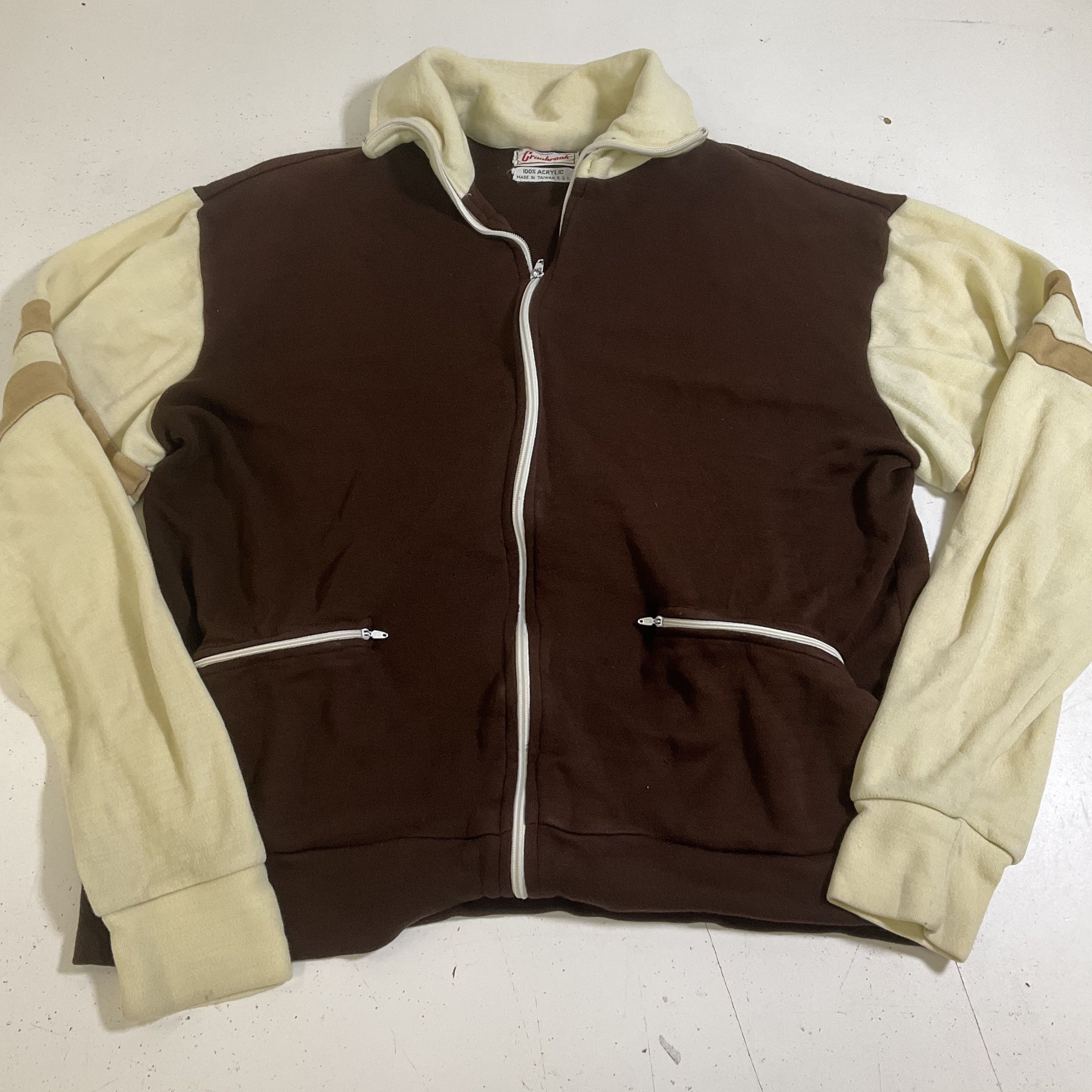 Vintage 70s Cranbrook Mens Brown Full Zip Track Jacket Colorblock Striped