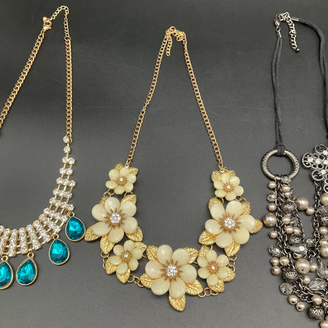 Statement Fashion Necklace Jewelry Lot 7pc Floral Faux Pearl Teal Stone Gold