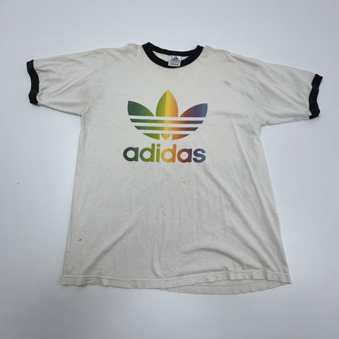 Vintage 90s Adidas Trefoil Rainbow Logo Ringer T-Shirt Made in USA Sz XL