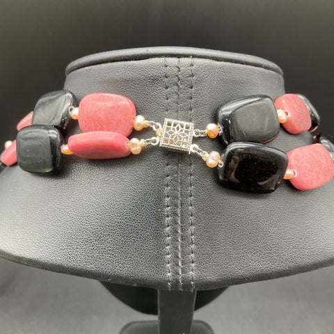 Double Strand Rhodonite Onyx Stone Pearl Carved Flower Statement Necklace