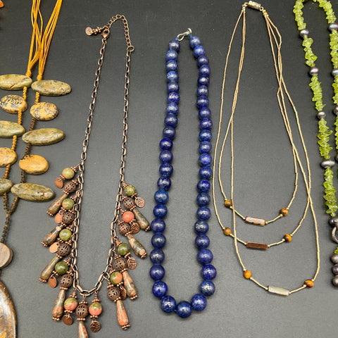 Natural Stone Necklace Jewelry Lot 9 Pieces Amethyst Lapis Tiger's Eye Peridot