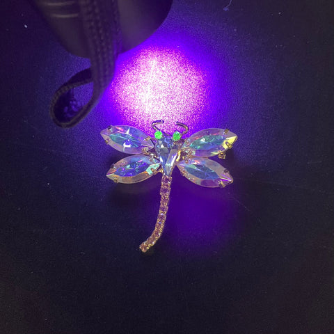 Vintage 1980s Gold Tone AB Rhinestone Dragonfly Brooch UV Reactive Eyes