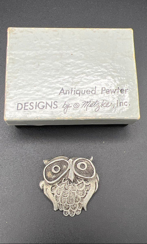 Vintage 70s Pewter Jewelry Lot Metzke Owl Brooch Pendant Poodle Earrings
