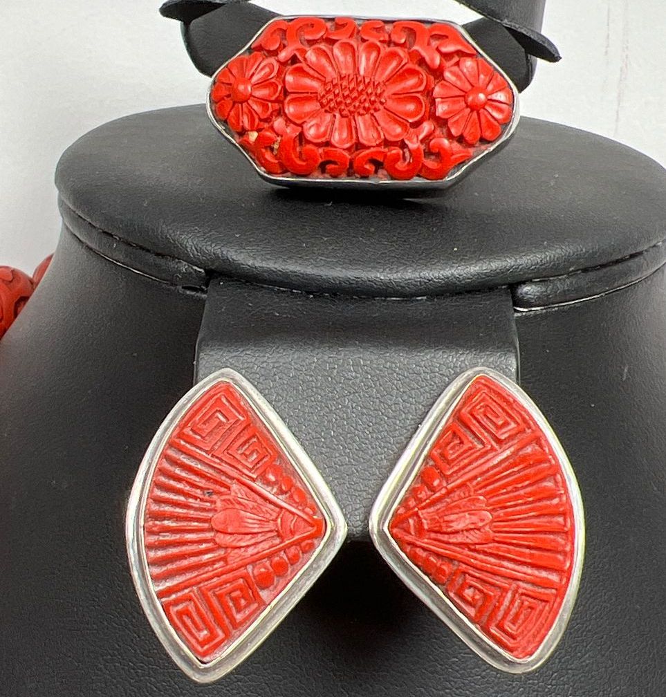 Sajen Sterling Silver Cinnabar Clip On Earrings and Ring with Necklaces Jewelry