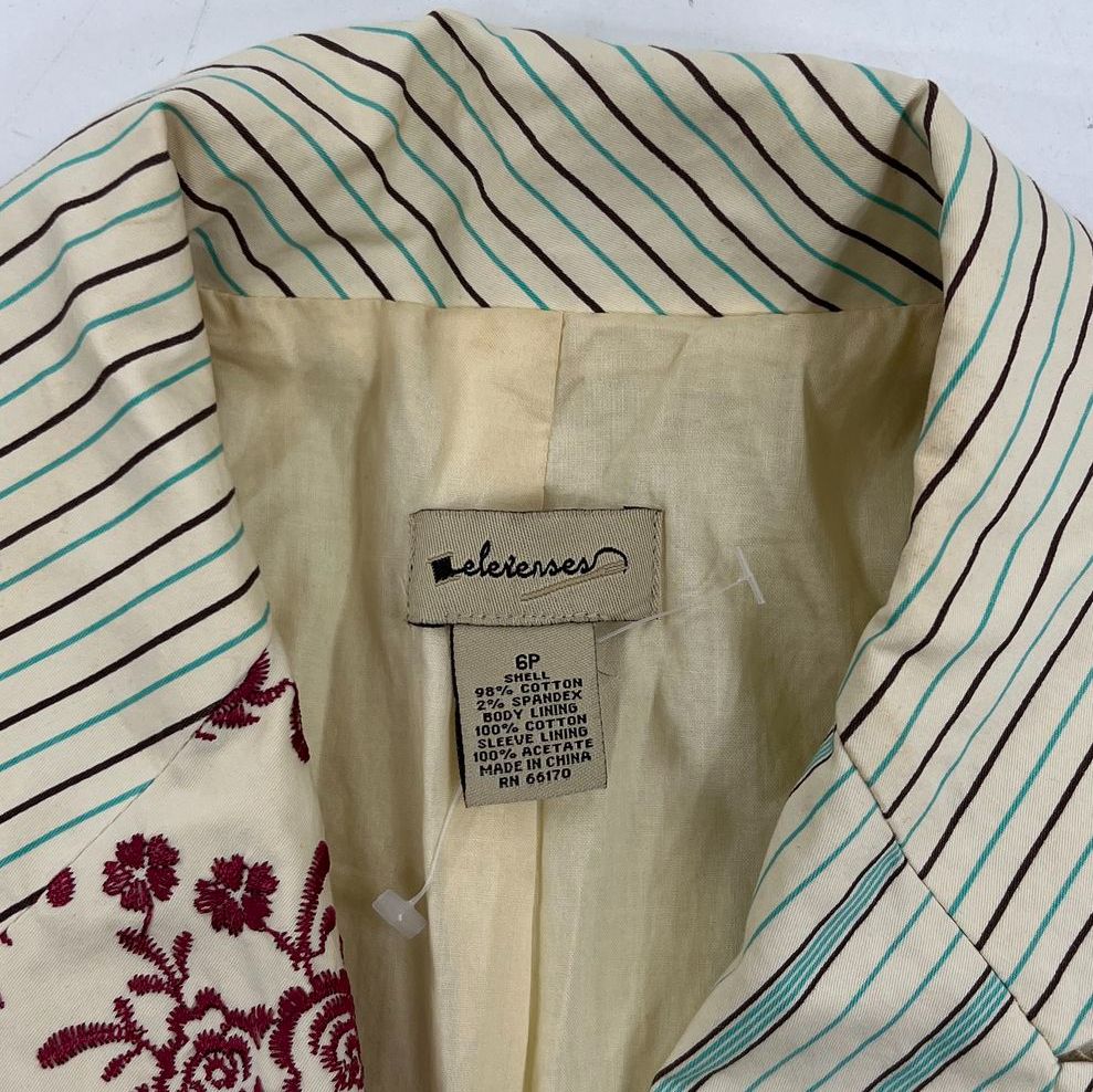 Anthropologie Elevenses Striped Embroidered Patchwork Cotton Blazer Women's 6P