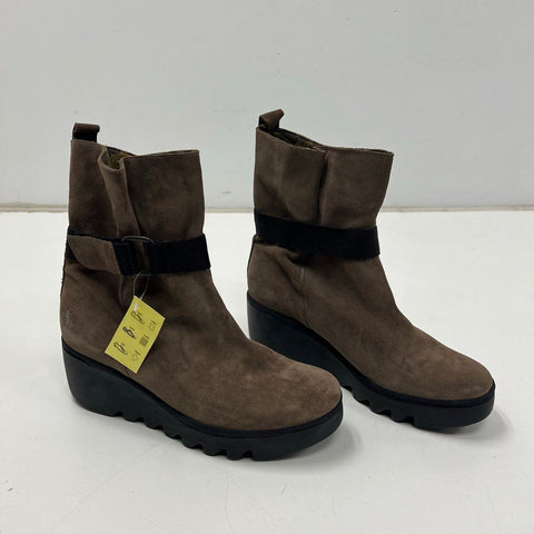 Fly London Yama Brown Suede Wedge Heel Ankle Boots Size 41