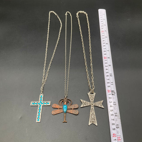 Vintage Boho Southwestern Necklace Jewelry Lot of 3 Cross Dragonfly Pendants