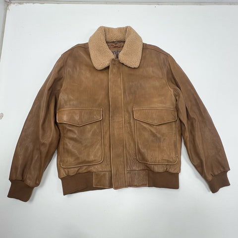 Vintage Y2K Madison Creek Brown Leather Sherpa Collar Flight Bomber Jacket Mens