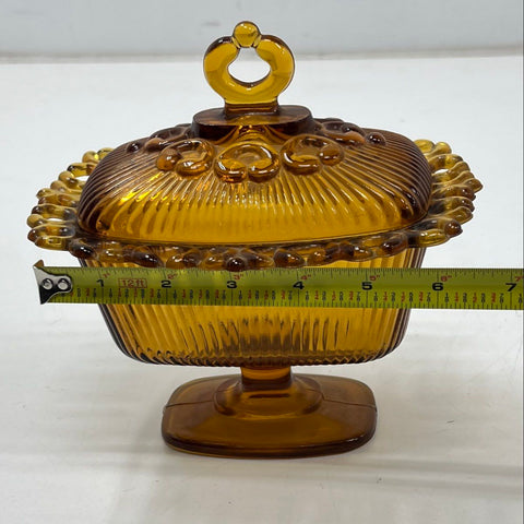 Pressed Glass Amber Ribbed Lidded Candy Dish Footed Compote Vintage 8 Inch