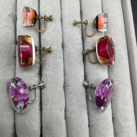 Vintage Lucite Reverse Carved Flower Jewelry Lot 3 Brooches 3 Pairs Earrings
