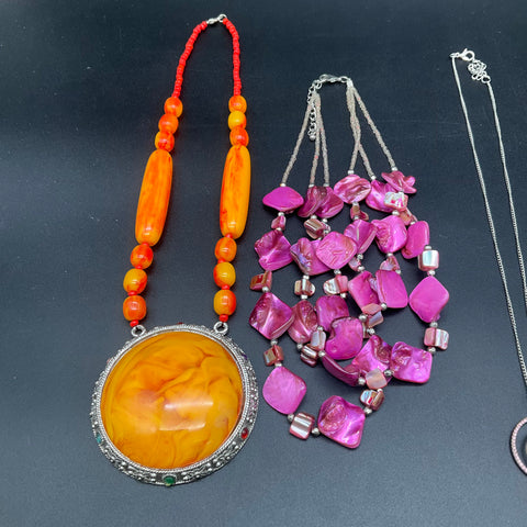 Statement Necklace Jewelry Lot of 5 Amethyst Quartz Pink Shell Faux Amber