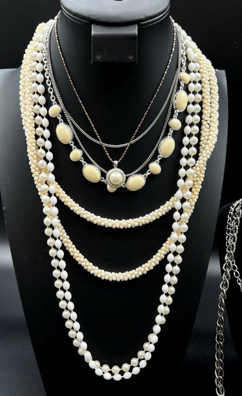 Vintage & Modern Costume Jewelry Lot of 12 Necklaces Silver Tone Faux Pearl