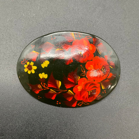 Vintage Russian Style Folk Art Hand Painted Floral Bangle Bracelet & Brooch Lot