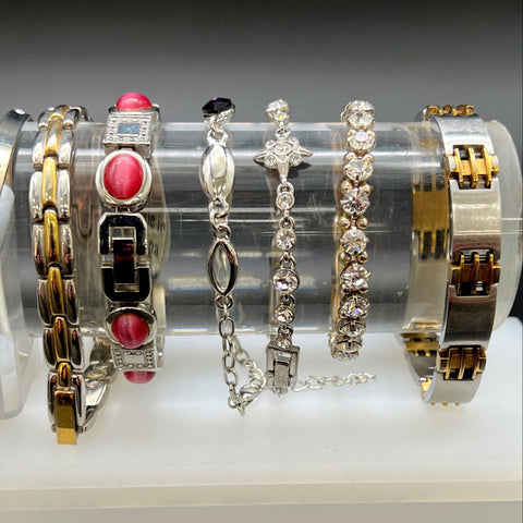 Silver Tone Fashion Jewelry Lot of 28 Bangles Charm Rhinestone Link Bracelets