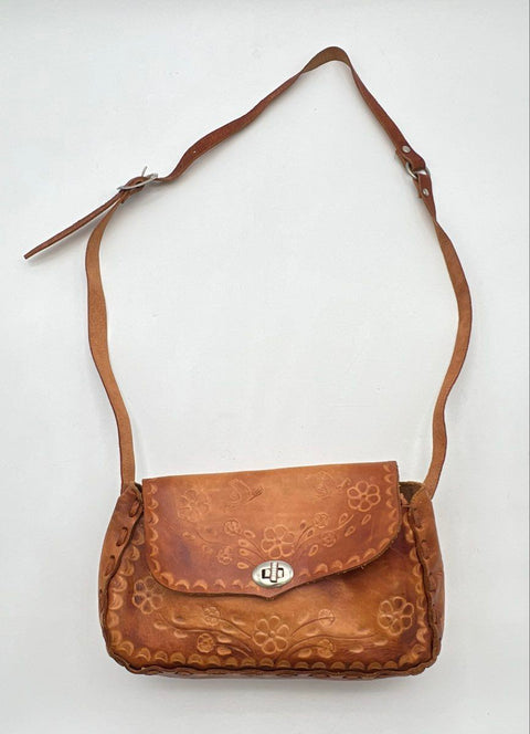Vintage 70s Hand Tooled Leather Floral Hummingbird Crossbody Shoulder Bag Tan